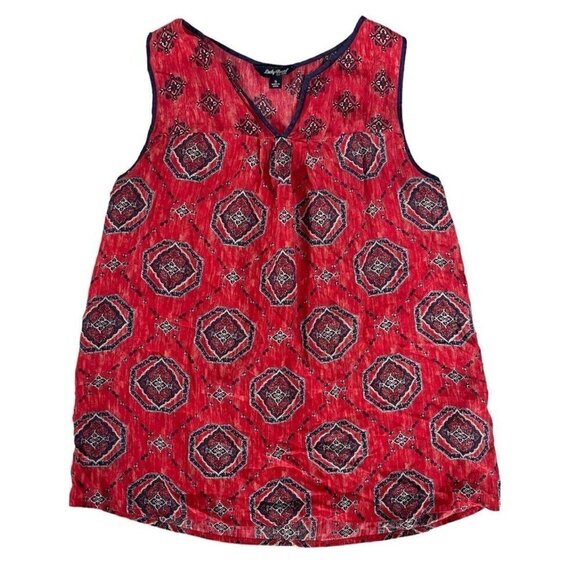 Lucky Brand Women's Sz S Red & Blue Sleeveless V Neck 100% Silk Trapeze Tank Top - Picture 7 of 7